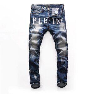 Phillip PLEIN Logo Jeans Men's Distressed Blue Denim Slim Fit Luxury Design